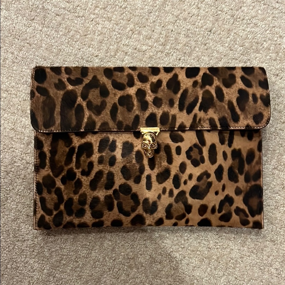 Alexander McQueen leopard w/gold skull calf’s hair clutch